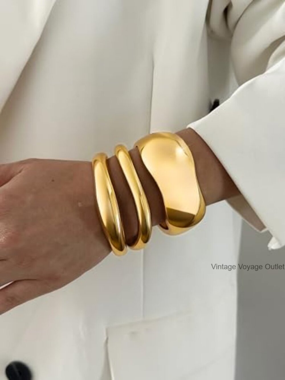 Chunky Gold Plated Bangle Bracelets Spring Hinged Stackable Set - Picture 5 of 5